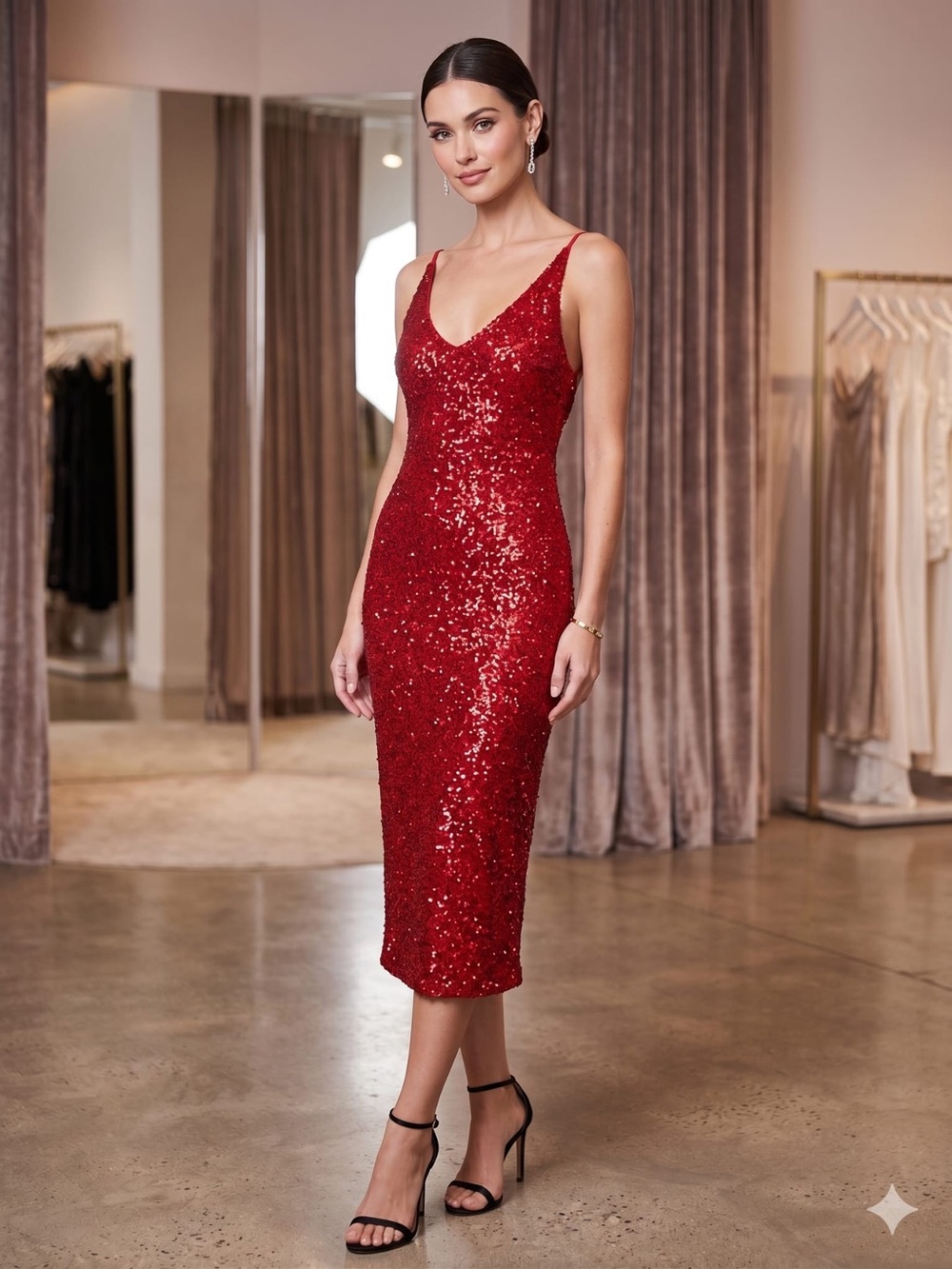 Red Sequin V-Neck Midi Dress by